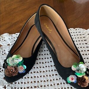Black Embellished Flats with Floral Accents